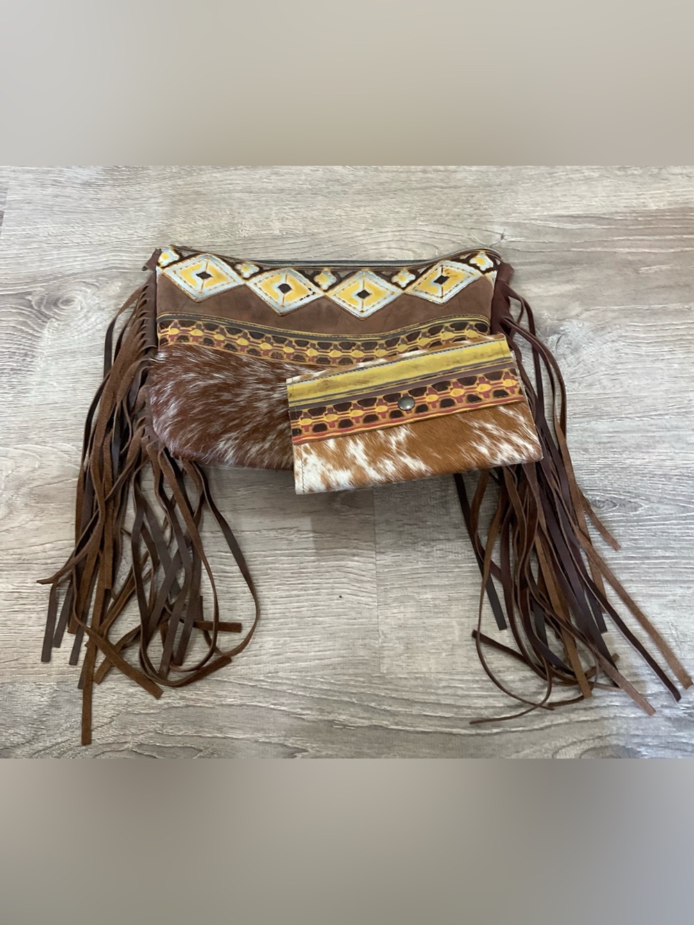 Fringe Cowhide Crossbody Bag in Brown and Yellow
